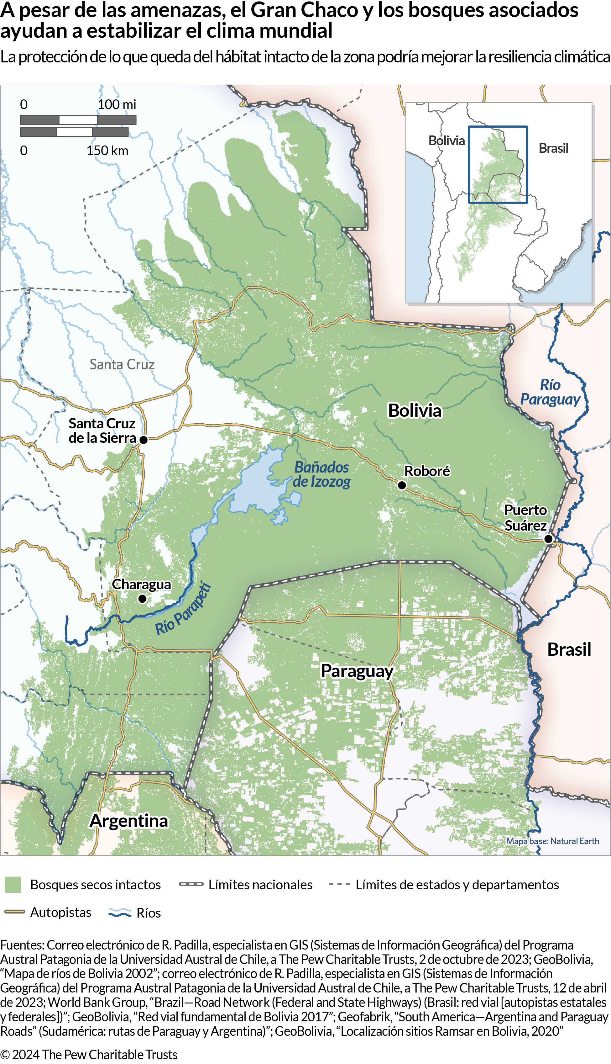 Un mapa que muestra una parte de Sudamérica donde convergen las fronteras de Bolivia, Brasil, Paraguay y Argentina e incluye una gran zona sombreada en verde. El mapa también indica la ubicación de algunos ríos, autopistas, ciudades, estados y departamentos.
