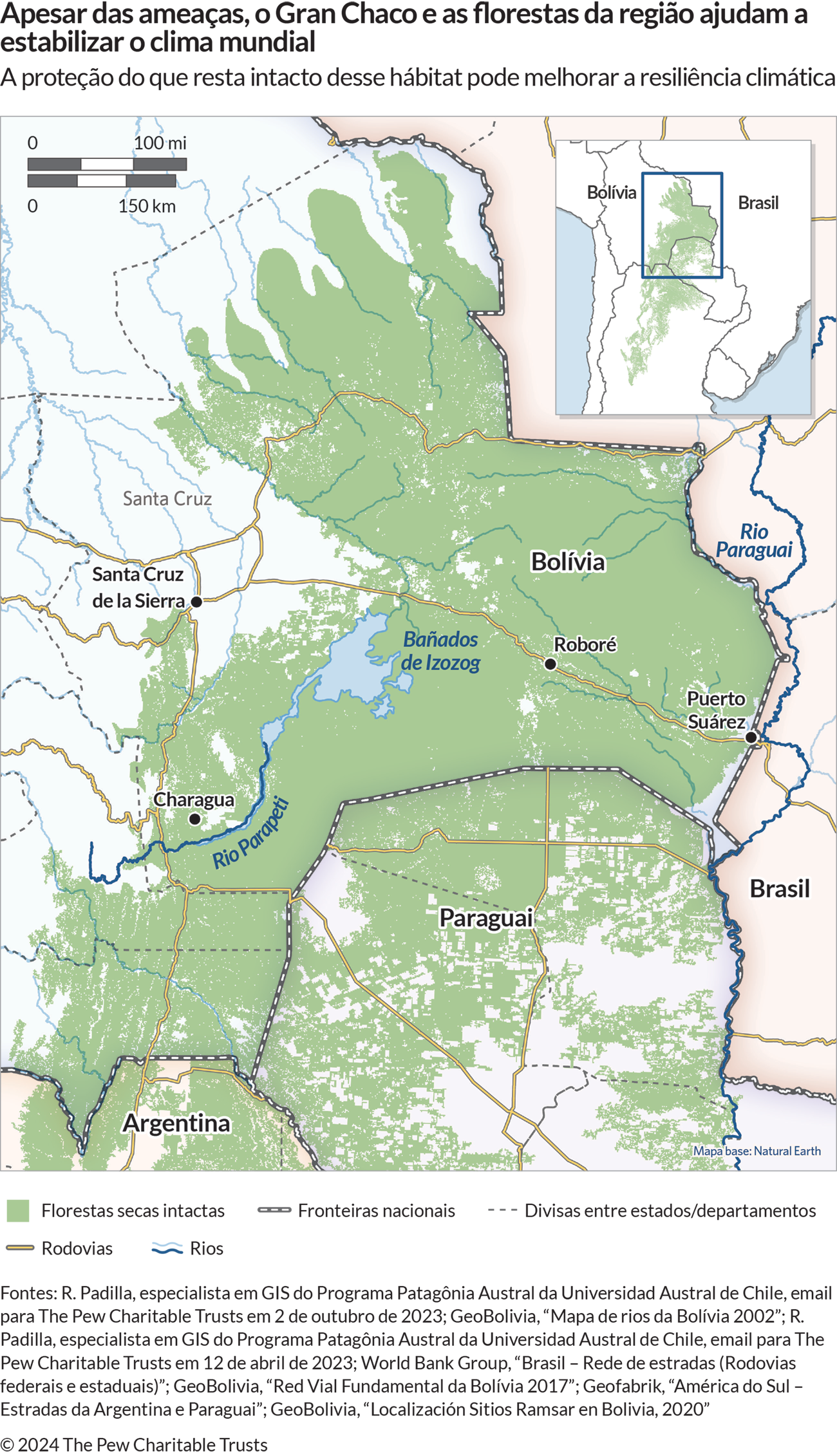 Um mapa mostra a região da América do Sul ao redor da fronteira entre Bolívia, Brasil e Paraguai, com uma grande área em verde-escuro. Estão identificados também alguns rios, rodovias, cidades, estados e departamentos