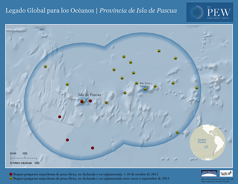 Mapa de buques sospechosos de llevar a cabo actividades pesqueras ilegales, no declaradas y no reglamentadas (INN) en la Provincia de Isla de Pascua, entre enero y el 10 de octubre de 2013. Crédito del mapa: GreenInfo Network, 2013.