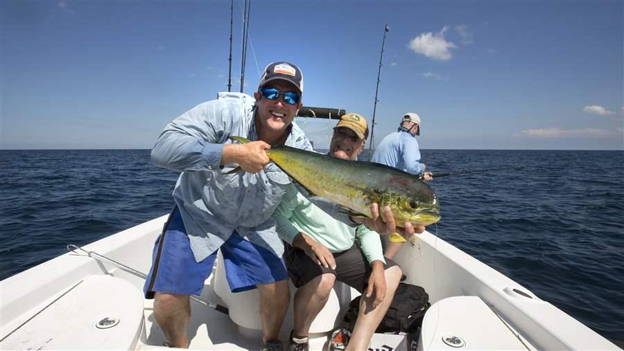 Fishermen show off their catch of mahi-mahi off Southeast Florida.
