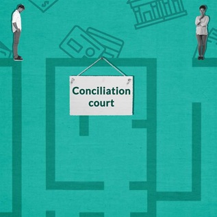 An illustration showing two people standing atop a maze; the entry point to the left is labeled conciliation court, and the one to the right is labeled district court. The backdrop is green with icons of credit cards, a wallet, and a building at the top of the image.