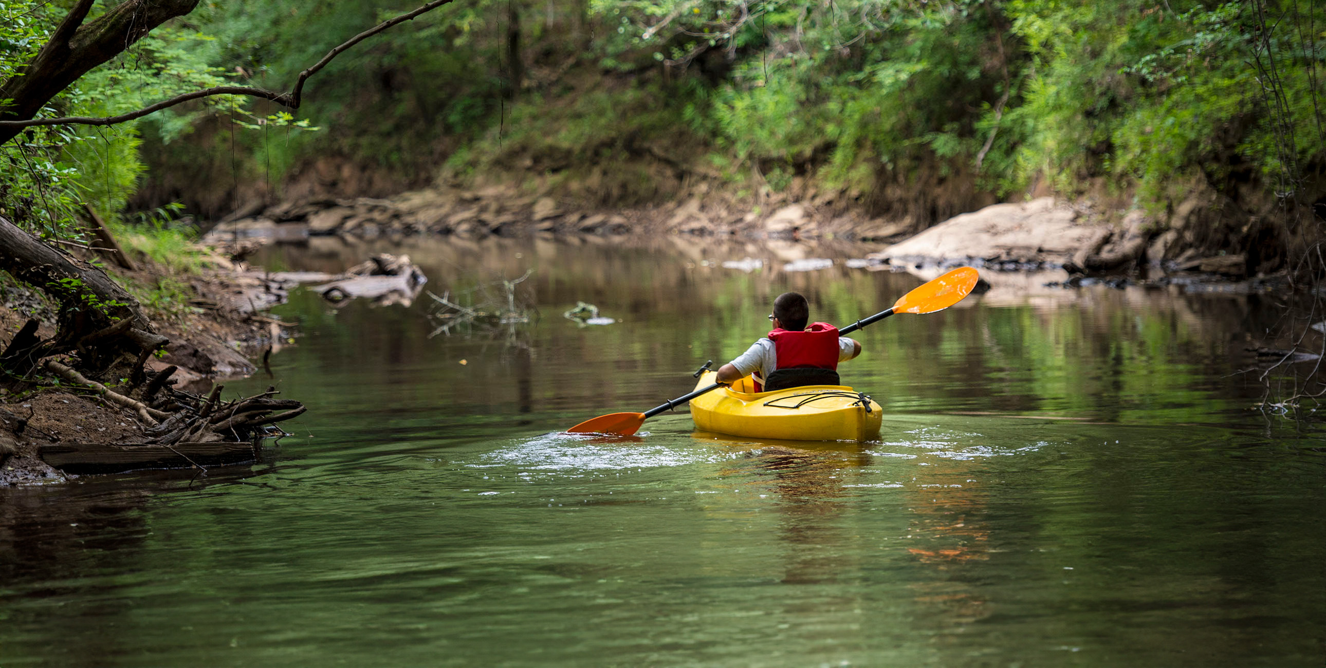 A person in a kayak on a river surrounded by dense vegetation.
