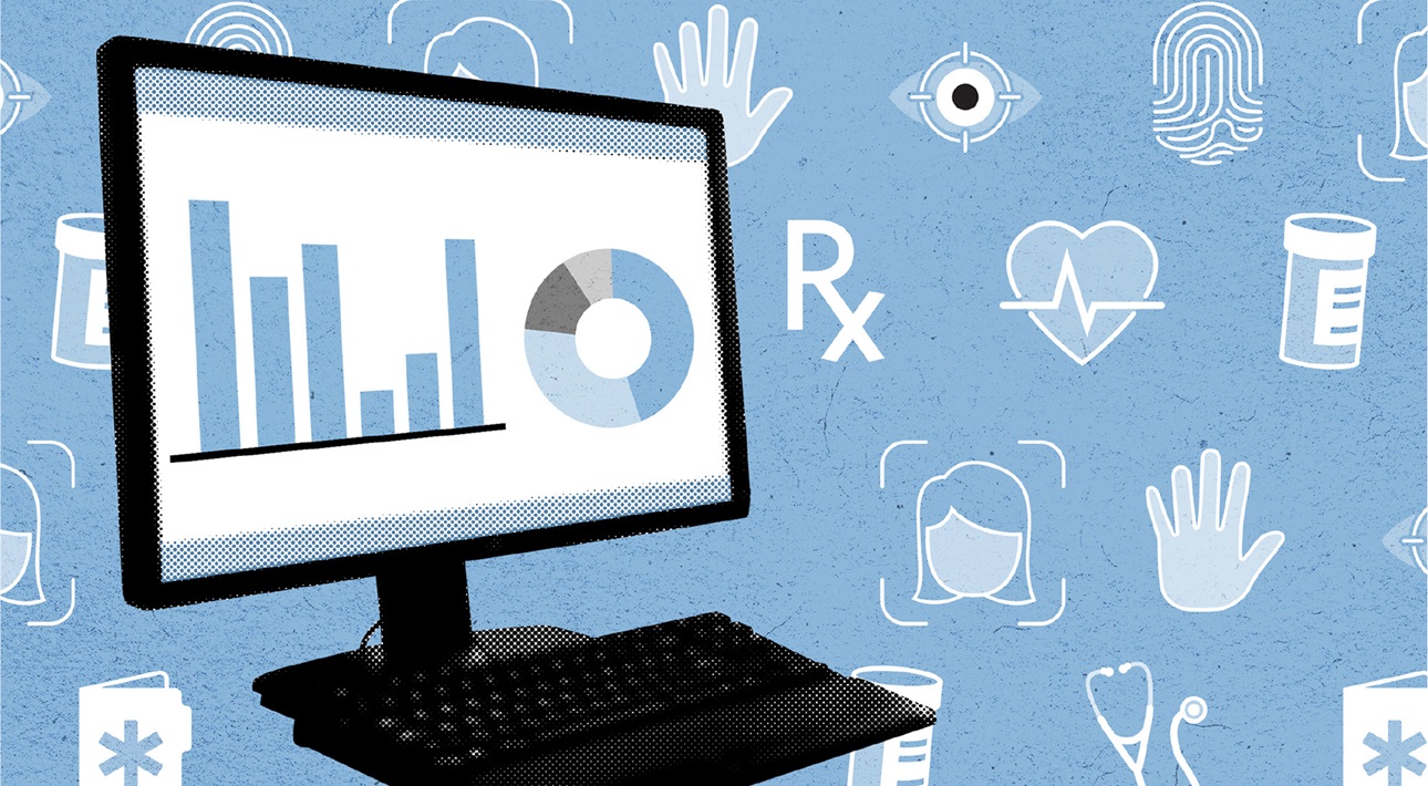 Illustration of a desktop computer with health and medical icons.