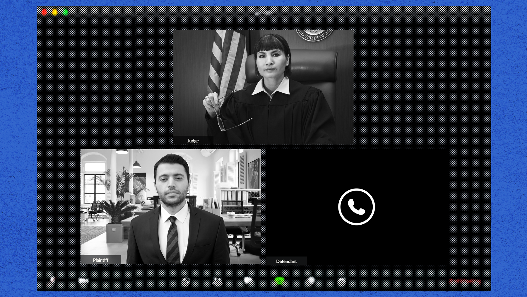 Image depicting a virtual screen with a judge in the top box, a man in a suit labeled Plaintiff in the bottom left box, and a black box on the bottom right with a telephone icon, labeled Defendant.