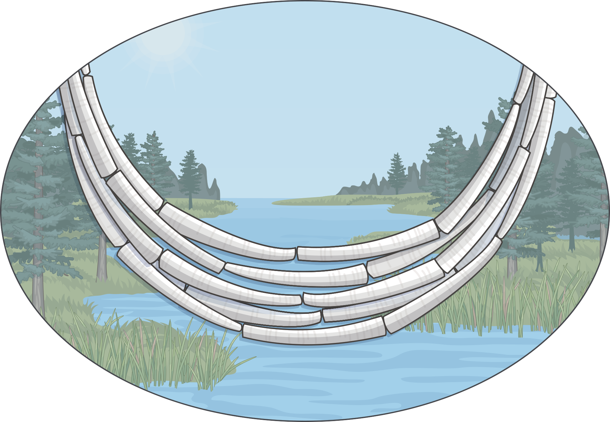 An illustration of a tribal necklace over a river with trees lining either side.