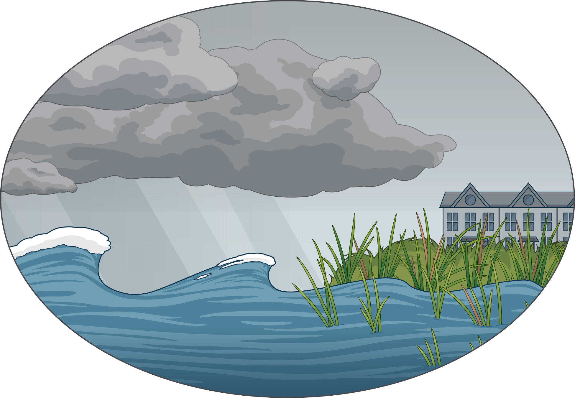 An illustration of storm clouds and large waves about to crash on a house.