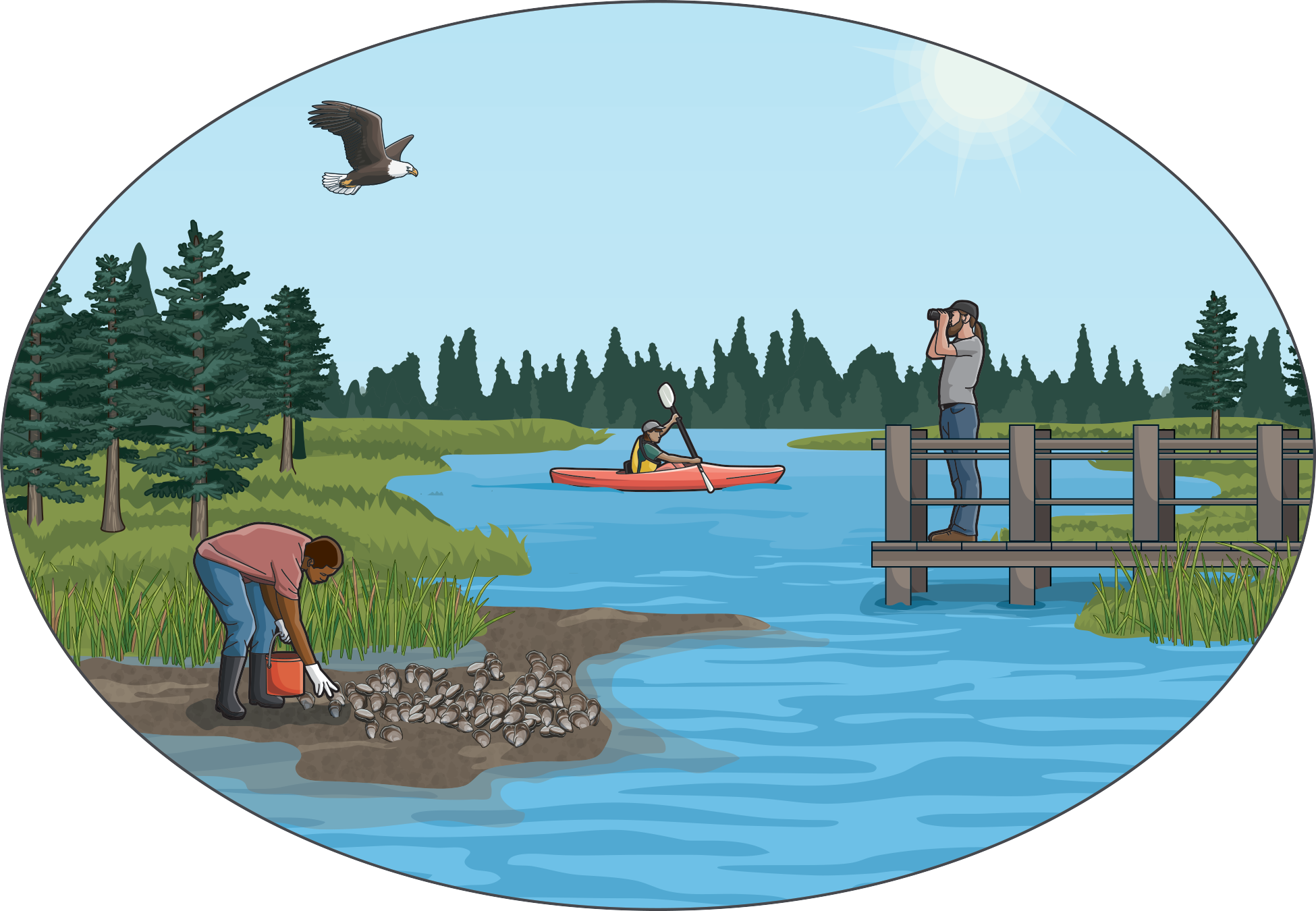 An illustration of a kayaker and a bird watcher on a river.