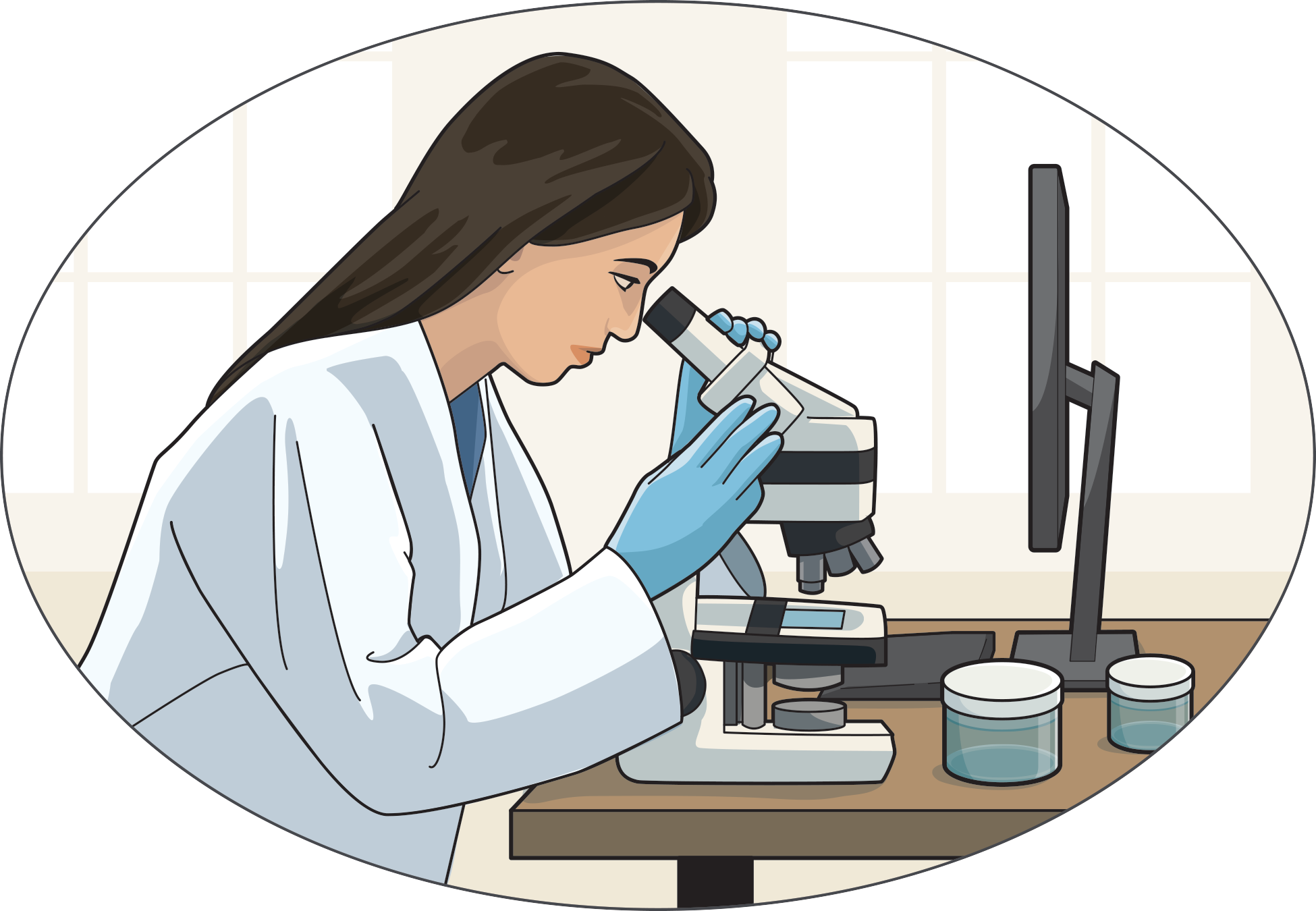 An illustration of scientist looking through a microscope. 