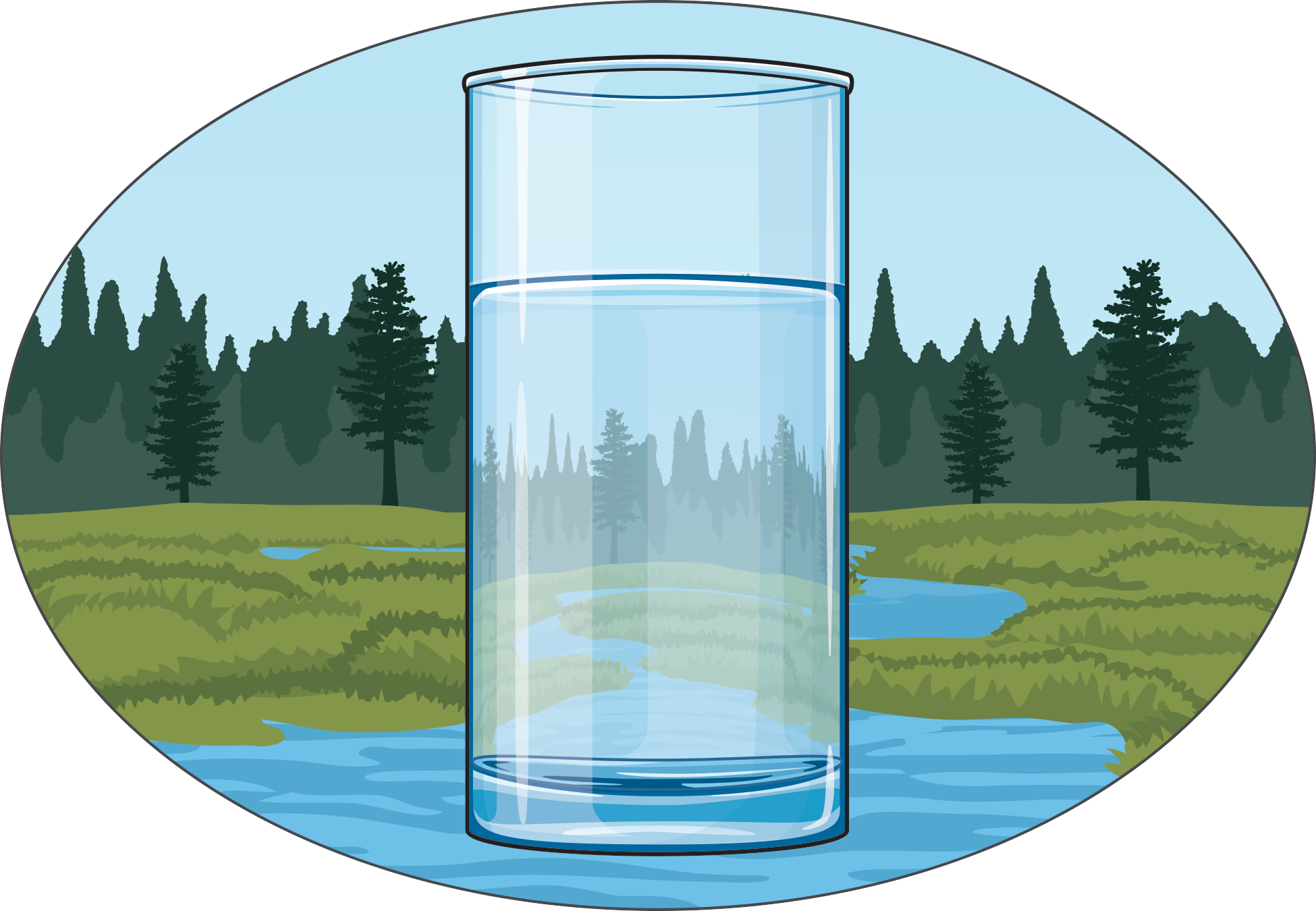 A illustration of a glass of water in front of a river with a forest in the background. 