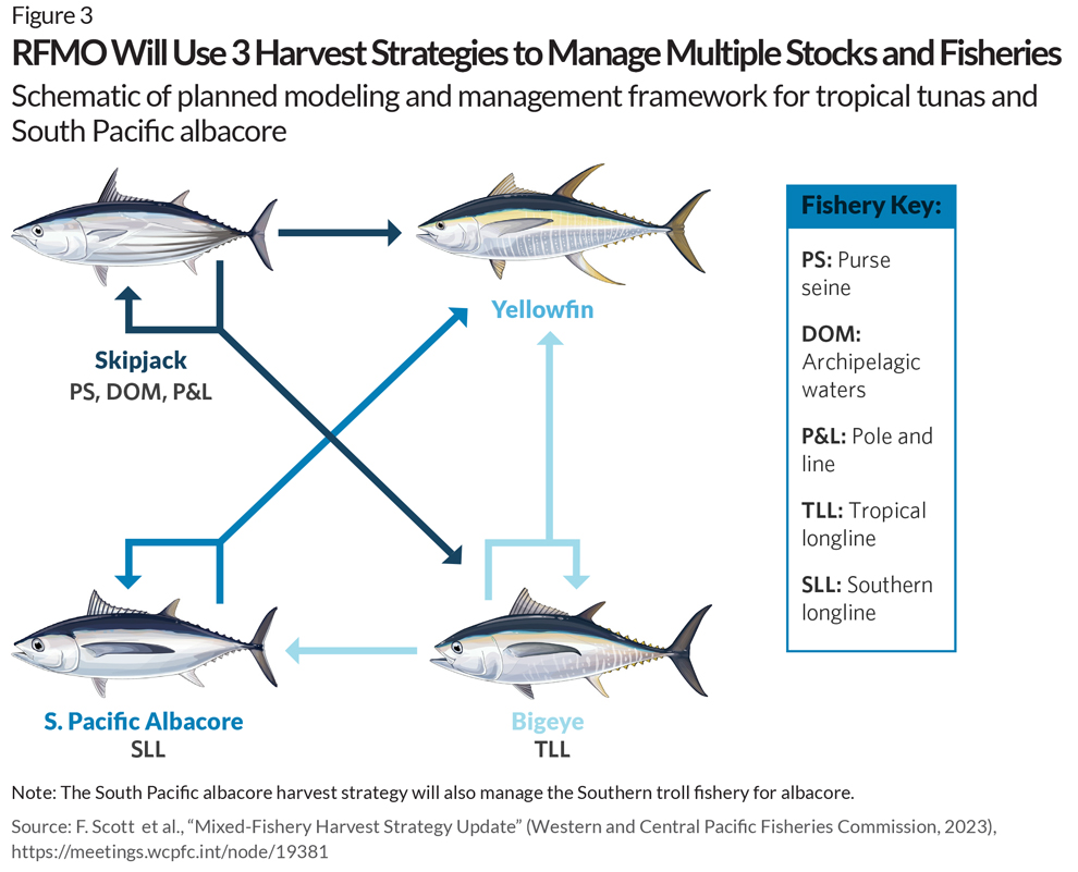 RFMO Will Use 3 Harvest Strategies to Manage Multiple Stocks and Fisheries | Schematic of planned modeling and management framework for tropical tunas and South Pacific albacore | Note: The South Pacific albacore harvest strategy will also manage the Southern troll fishery for albacore.