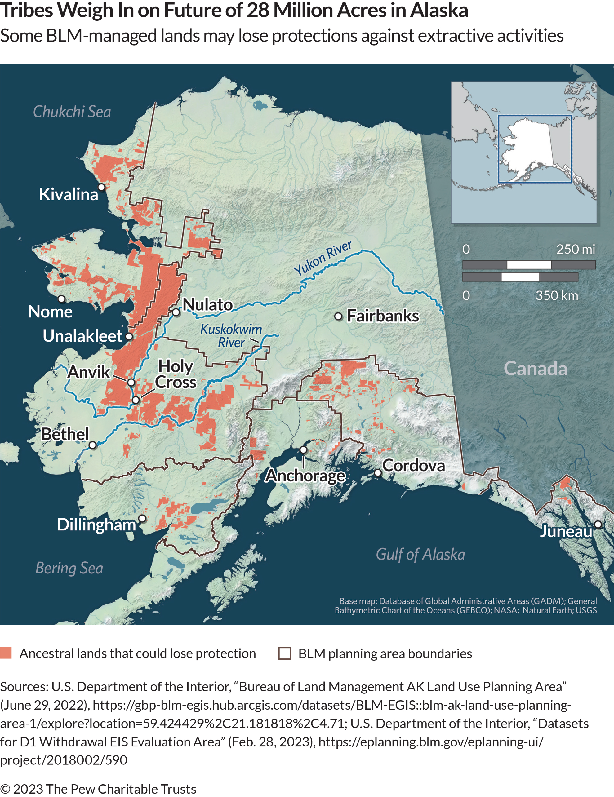 A map of Alaska showing lands and rivers. The lands are light green and the rivers are dark blue. Certain lands that could lose protections are colored a rusty orange and thick, brown lines indicate planning area boundaries. 