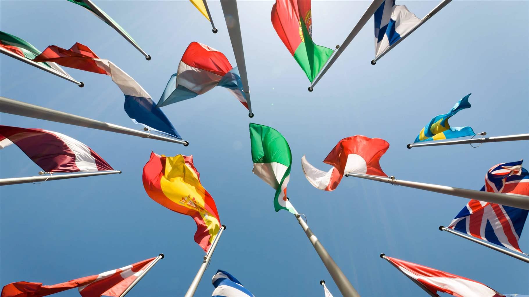 A group of national flags, waving in the breeze with a blue sky above them, is shown from below. 