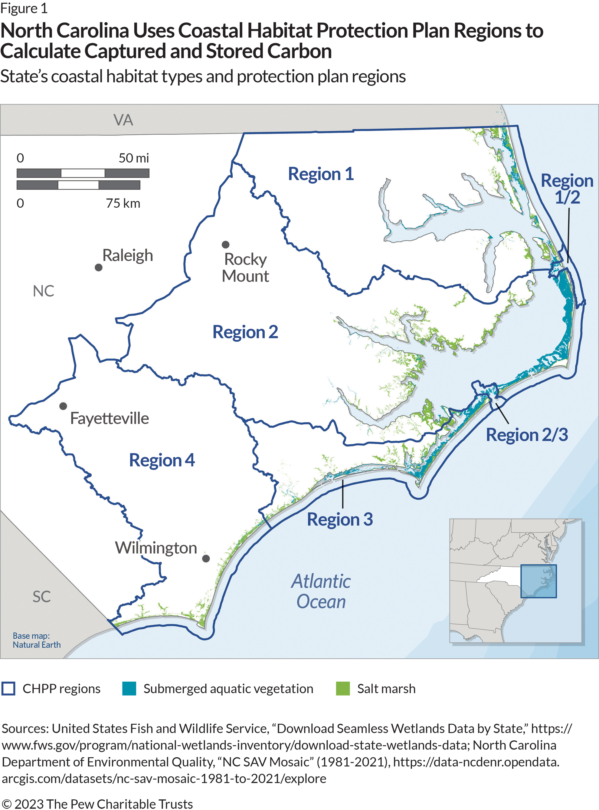 A close-in map showing the four regions—and two overlapping regional areas—designated under North Carolina’s Coastal Habitat Protection Plan, as well as the locations of submerged aquatic vegetation and salt marshes.