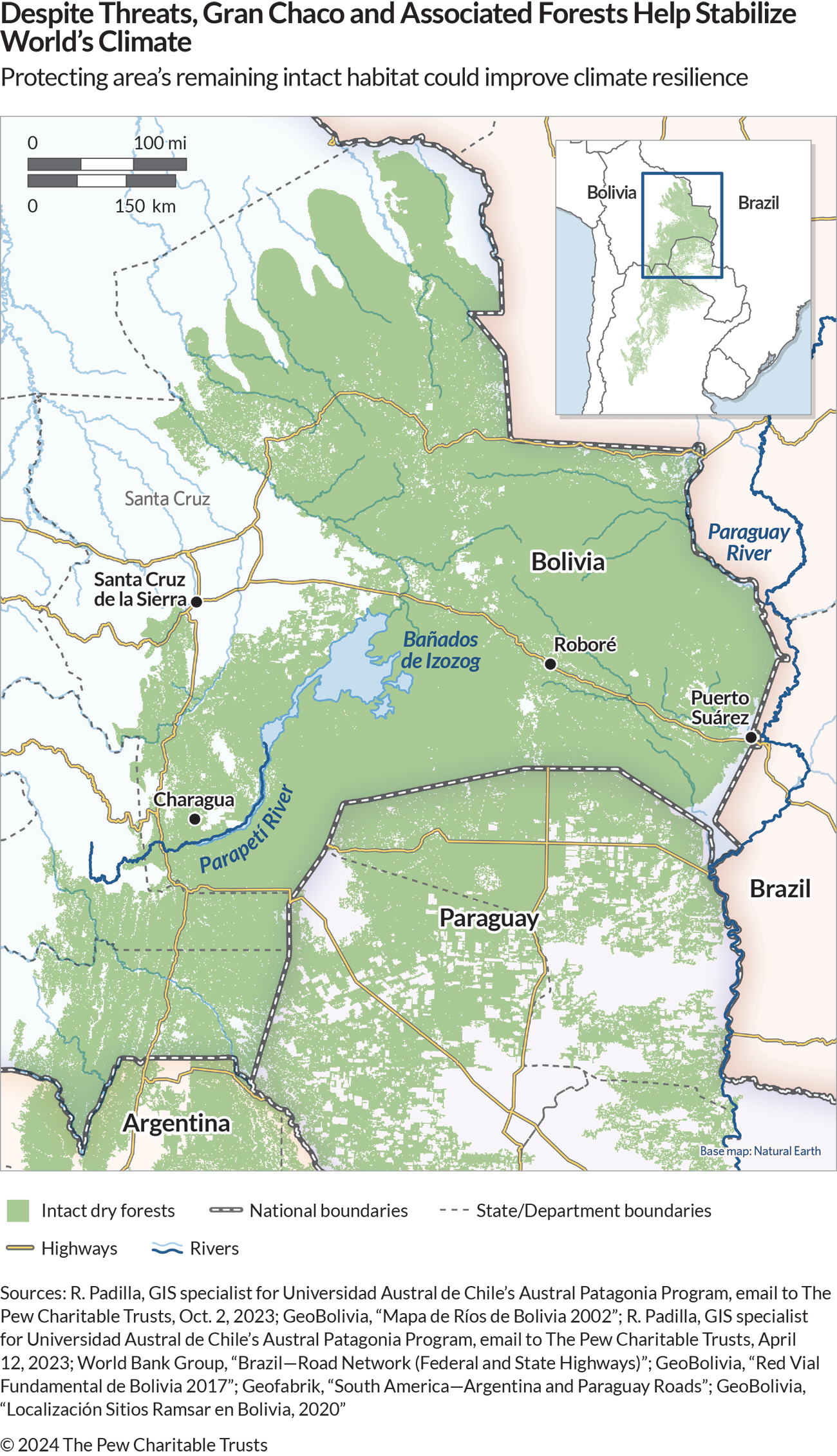 A map shows a portion of South America where Bolivia, Brazil, Paraguay, and Argentina meet, and it includes a large, green-shaded area. The map also indicates the locations of some rivers, highways, cities, and states and departments.