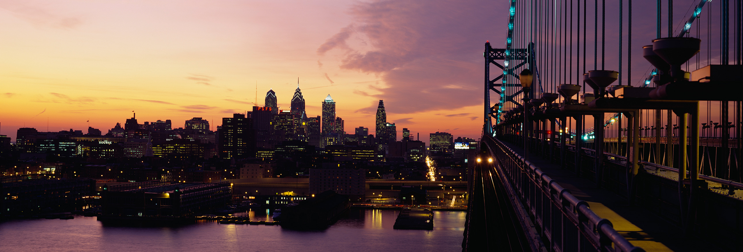 View of Philadelphia skyline at sunset