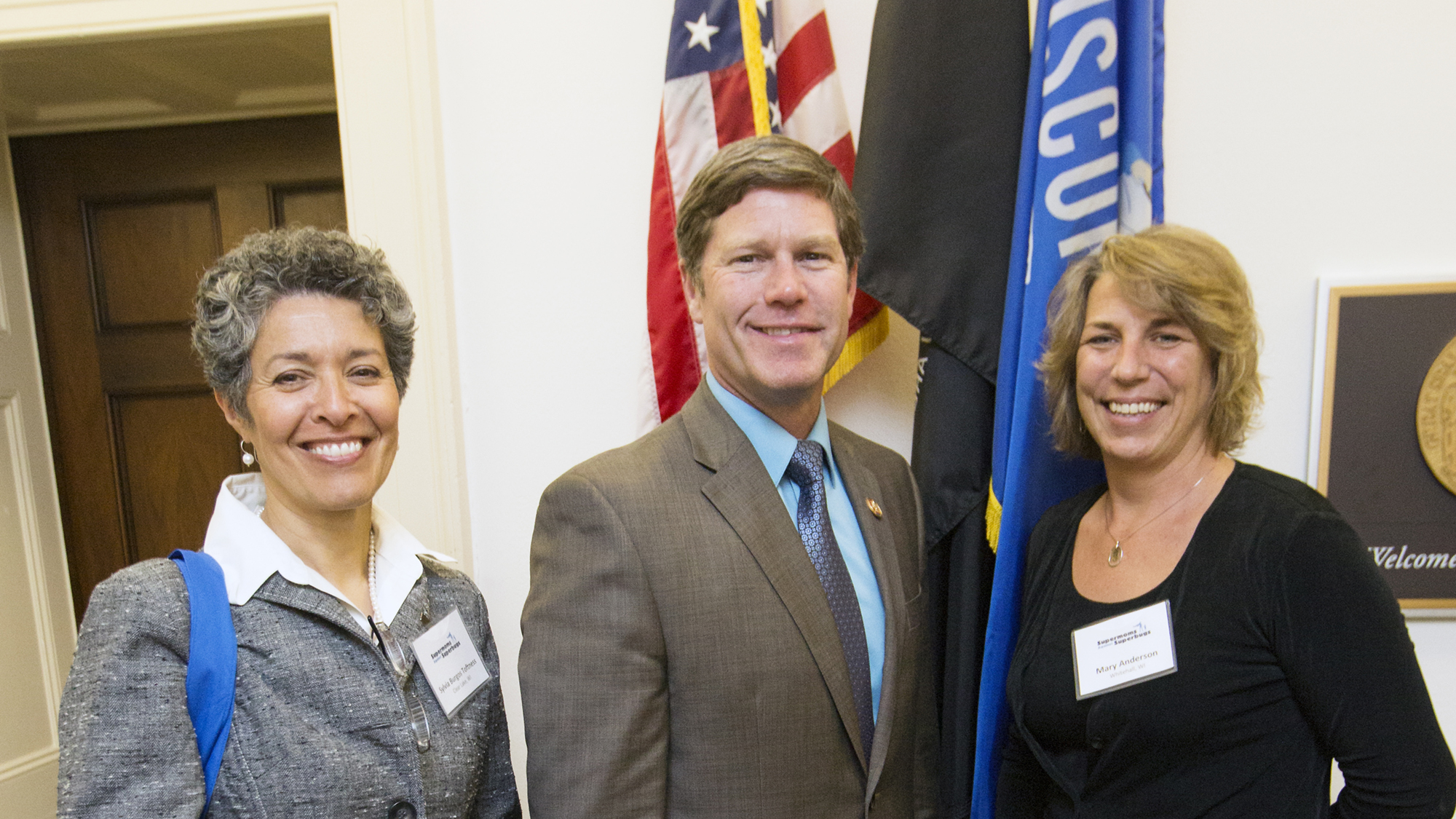 Sylvia Burgos Toftness (left) and Mary Anderson, both sustainable farmers in Wisconsin who use antibiotics only to treat sick livestock, meet with Representative Ron Kind (D-WI).