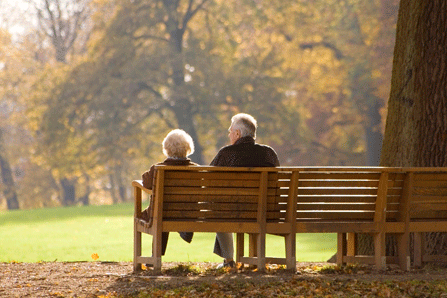 elderly couple seated on a park bench
