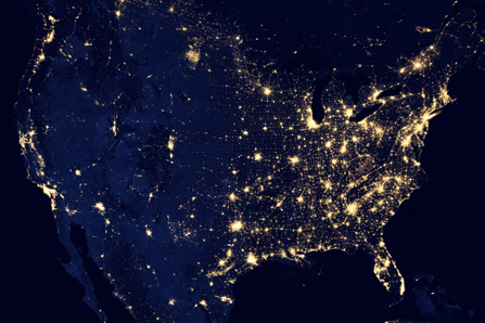 This composite image made available by NASA and assembled by data acquired from the Suomi NPP satellite in 2012 shows the U.S's lights at night.