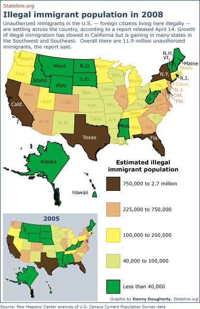 Unauthorized immigrants in the U.S. ? foreign citizens living here illegally ? are settling across the country, according to a report released April 14. Growth of illegal immigrantion has slowed in California but is gaining in many states in the Southwest and Southeast. Overall there are 11.9 million unauthorized immigrants, the report said.