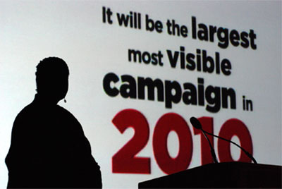 Tasha Boone, deputy chief of the U.S. Census Bureau's 2010 Census Publicity Office, shows how the 2010 Census national advertising campaign will be the largest and most visible ad campaign this year.