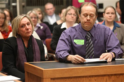 With his wife, Claire, at his side, John Cantin testifies before the New Hampshire Senate Judiciary Committee on March 30 in favor of a bill making strangulation a felony. Cantin's daughter, Melissa Cantin Charbonneau, was shot and killed by her estranged husband last October, two days after he was released from police custody on a misdemeanor charge of choking her.