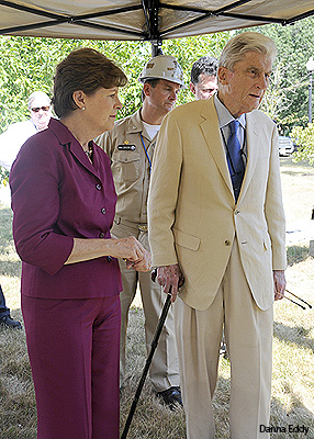 Senator Jeanne Shaheen (D-NH) and John Warner (R-VA), former U.S. Senator and chairman of the Armed Services Committee and senior adviser to the Pew Project on National Security, Energy and Climate, toured the Portsmouth Naval Shipyard and its clean energy programs.