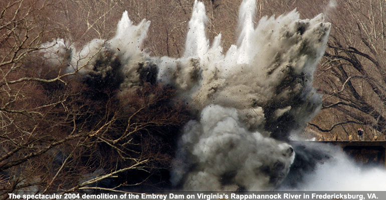 The spectacular 2004 demolition of the Embrey Dam on Virginia's Rappahonnock River in Fredericksburg, VA. The spectacular 2004 demolition of the Embrey Dam on Virginia's Rappahonnock River in Fredericksburg, VA.