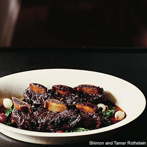 Braised Beef Short Ribs with Potato Purée, Swiss Chard, and Horseradish Cream 