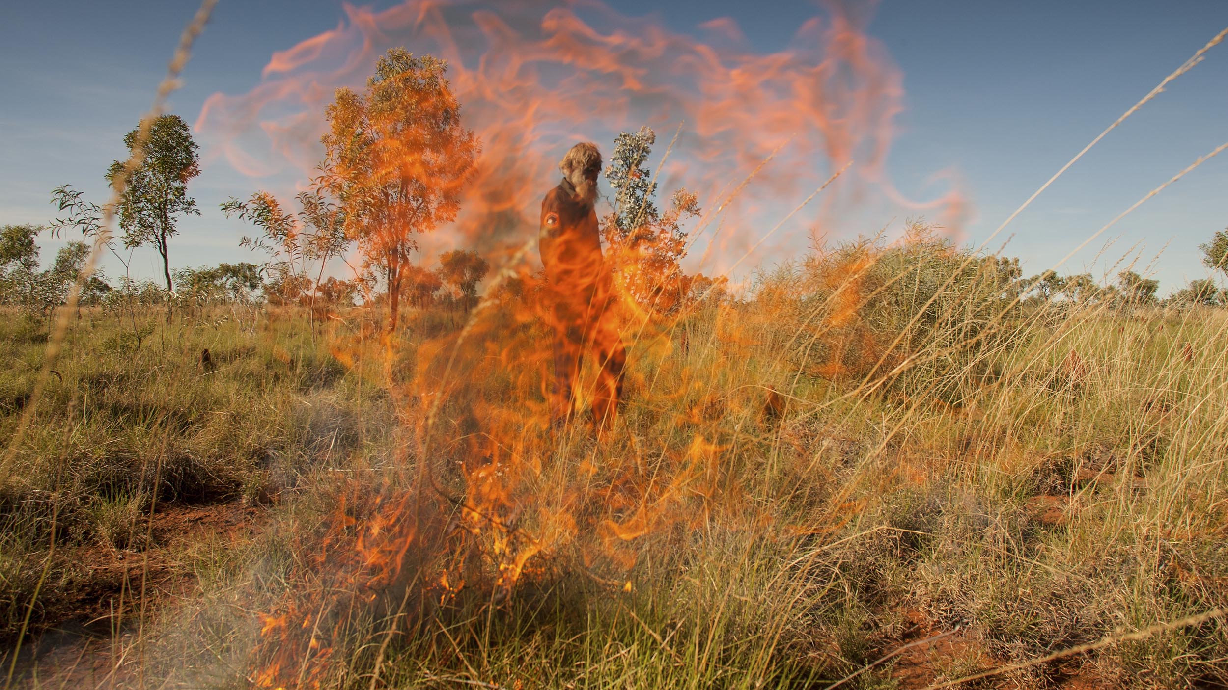 Indigenous Ranger Benny Jabbalari conducts a controlled burn in spinifex country in the Northern Territory’s Tanami Desert. The Tanami comes under two Indigenous Protected Areas, with rangers working to manage threats such as wildfires, weeds and feral animals.