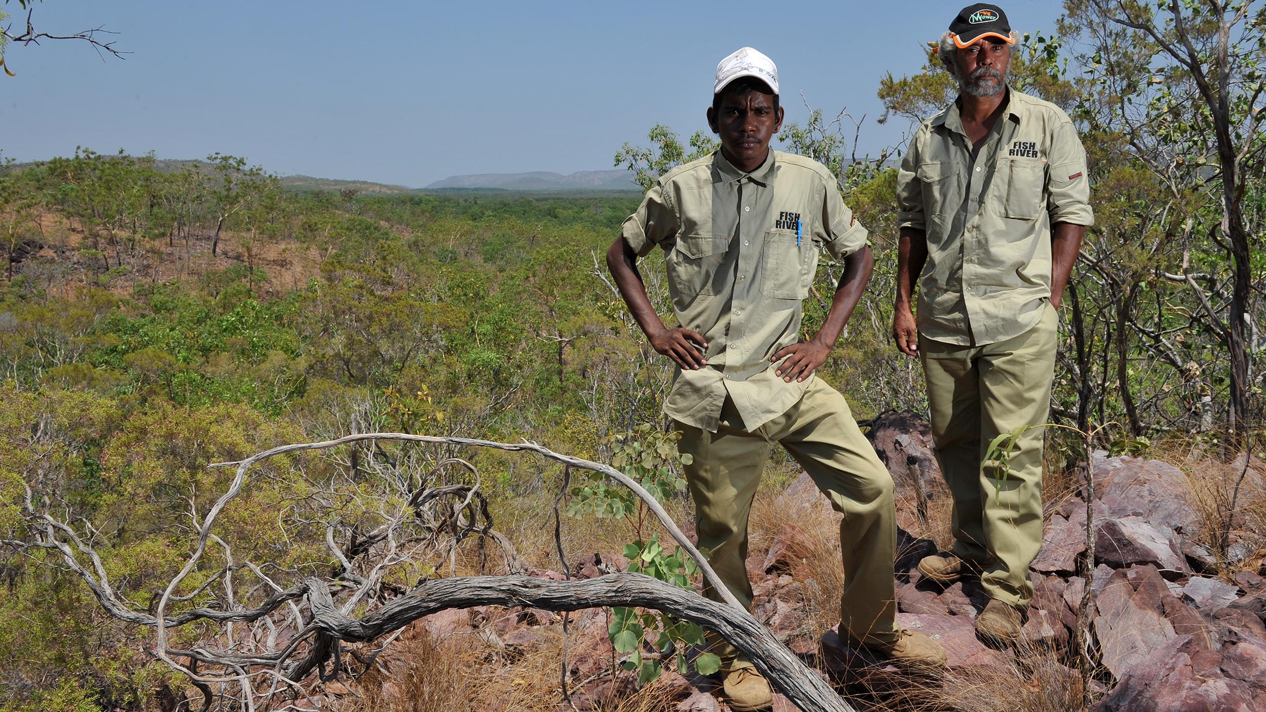 Fish River Rangers Desmond Daly, left, and Jeff Long help manage the 178,000-hectare Fish River Station in the Northern Territory for conservation and cultural heritage. The former cattle property was purchased through a ground-breaking partnership between the Indigenous Land Corporation, The Nature Conservancy, The Pew Charitable Trusts and the Australian Government.