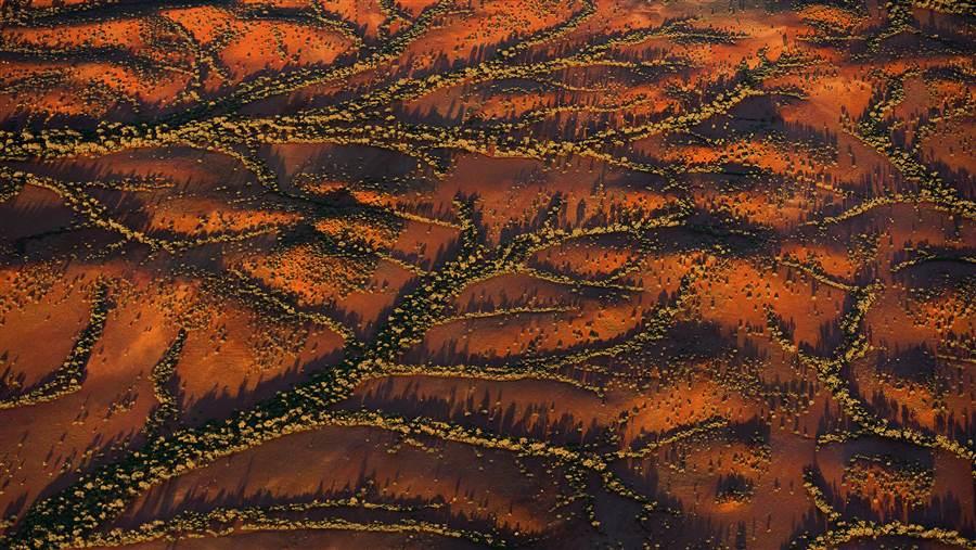 Aerial view of a gully system in Western Australia's Pilbara region.
