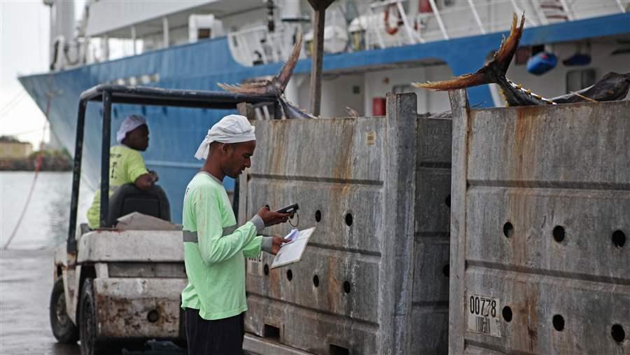 A dock worker in Port Victoria, Seychelles, enters data on recently landed tuna catch.