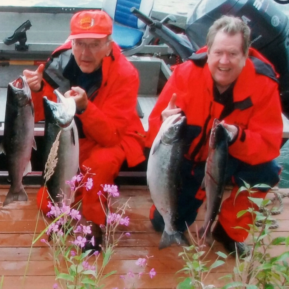Bill Hogarth (right), former head of the National Oceanic and Atmospheric Administration’s Fisheries Service,  shows off his catch after a 2007 fishing trip in Alaska with then-Senator Ted Stevens. The work of Stevens, who died in 2010, strengthened conservation provisions of the federal fishery law, which is named for him: the Magnuson-Stevens Fishery Conservation and Management Act. 
