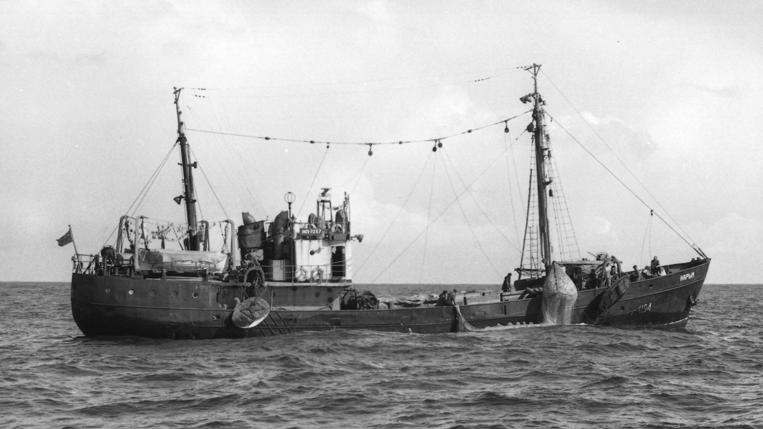 A Russian SRT boat off Washington state coast in 1966 hauling in a catch of hake.