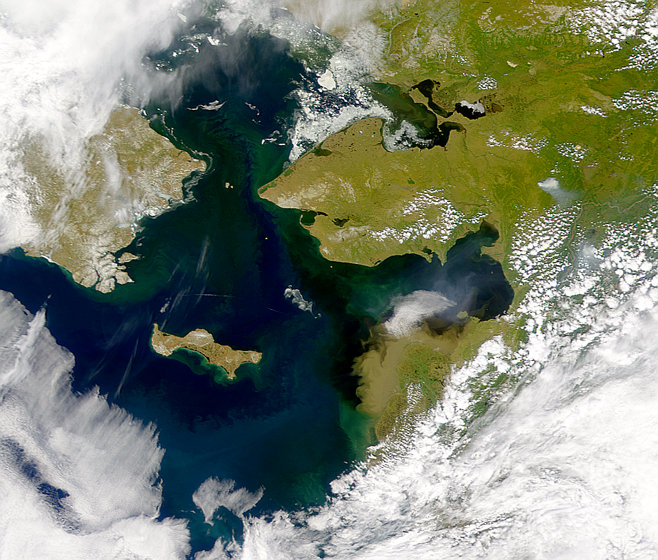 The international waters of the Bering Strait between Russia and the United States.