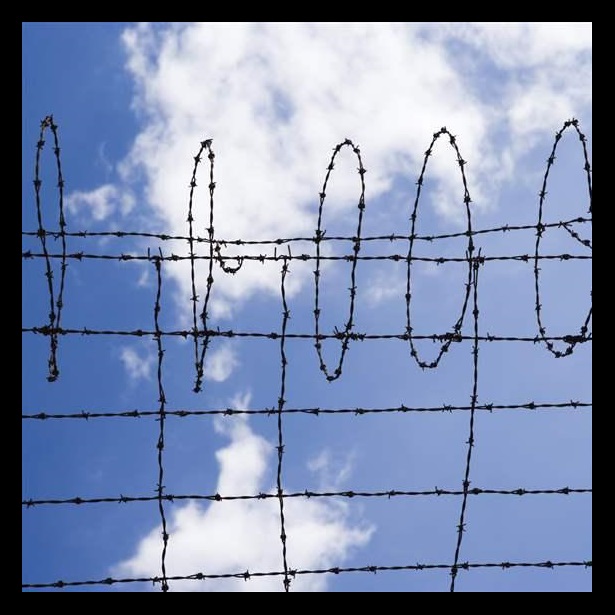 Barbed wire against blue sky