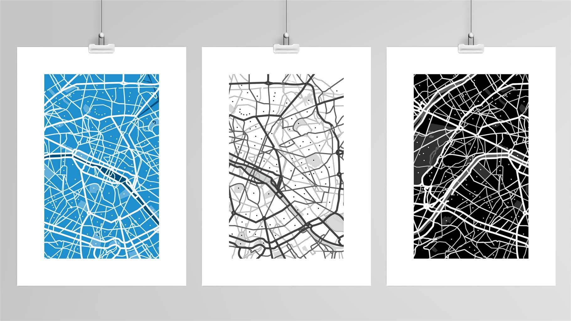 city map illustrations in blue, black and white