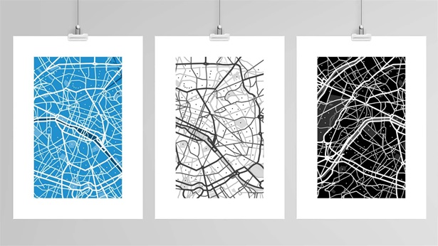 Street map art, three prints in blue, white and black