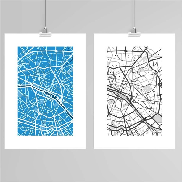 Street map art, three prints in blue, white and black