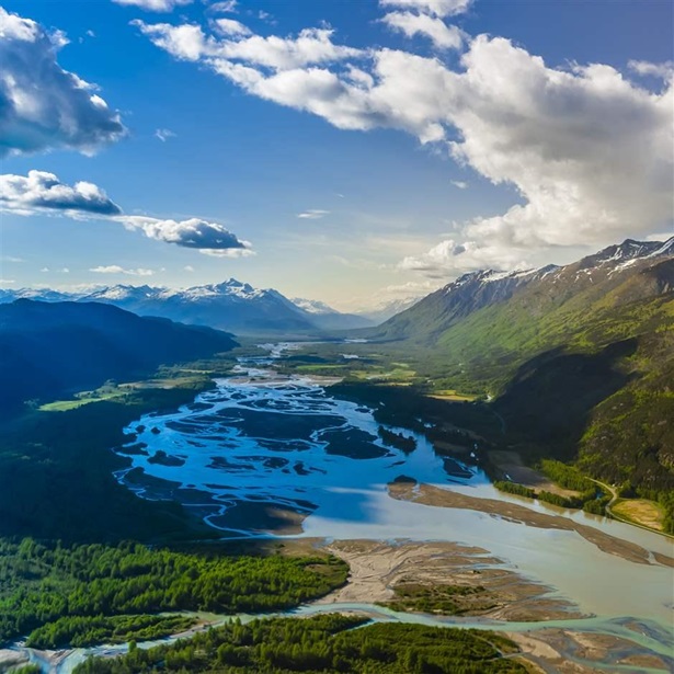 Aerial view of the Chilkat River, near Haines, Alaska USA.