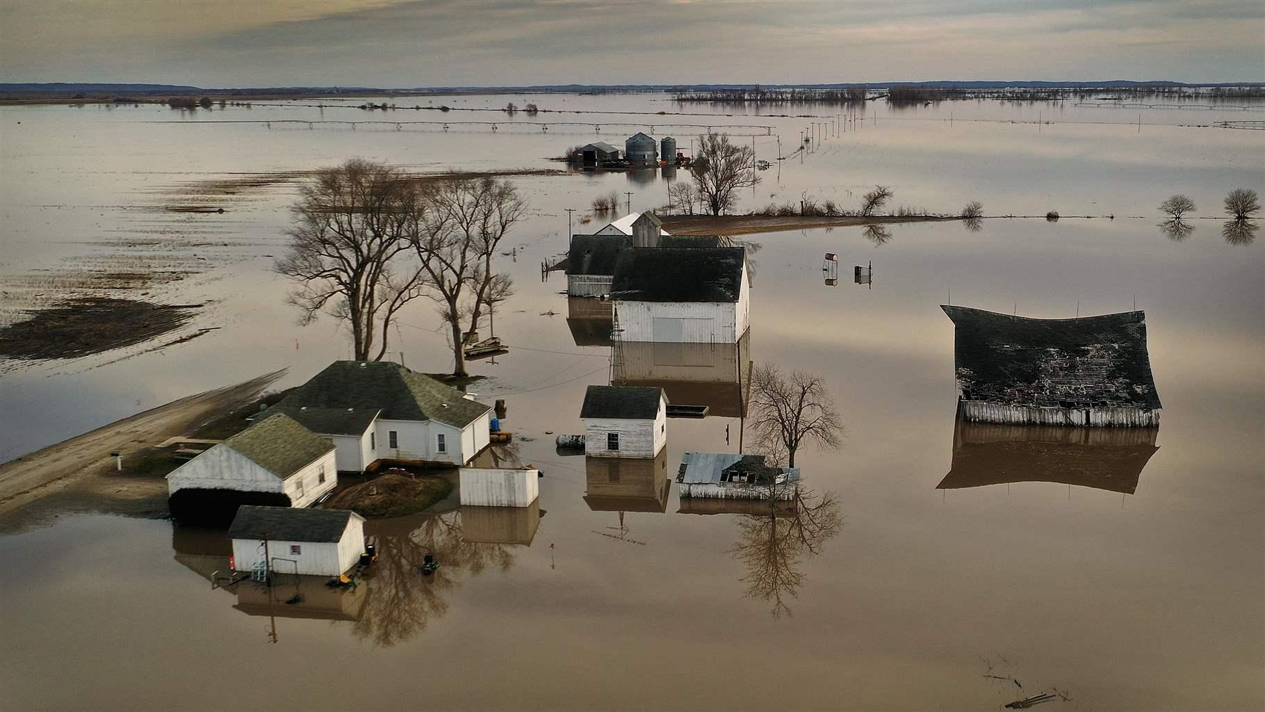 Floodwater surrounds a farm on March 22, 2019 near Craig, Missouri. Midwest states are battling some of the worst floodings they have experienced in decades as rain and snowmelt from the recent "bomb cyclone" has inundated rivers and streams.