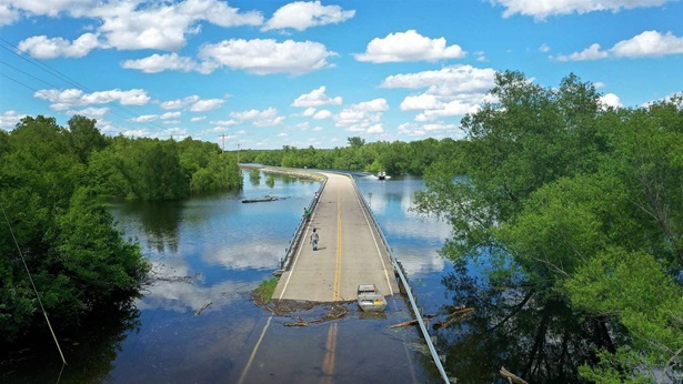 Flooding from a March 2019 bomb cyclone cut off the Great River Road between Missouri and Illinois