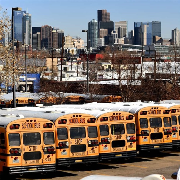 School buses line and parked at DPS- Hilltop Terminal in Denver, Colorado on Tuesday. November 10, 2020.