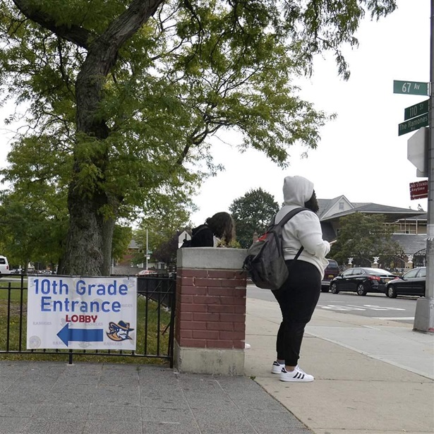 NEW SHUT DOWN AS NYC SWITCHES FROM ZIP CODES TO COLORED Forest Hill High School Students wait to hear if they will return to remote learning after their school was placed in the "red zone", in the Queens borough of New York City, NY, October 7, 2020.