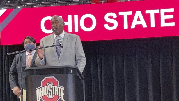 Ohio State University Athletics Director Gene Smith discusses his support for legislation that would allow athletes at Ohio colleges to earn compensation through endorsements and sponsorship deals based on their names, images and likenesses on Monday, May 24, 2021, in Columbus, Ohio.