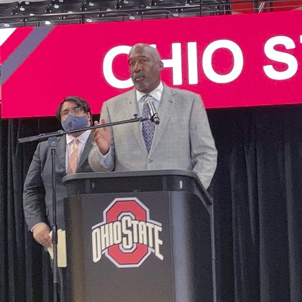 Ohio State University Athletics Director Gene Smith discusses his support for legislation that would allow athletes at Ohio colleges to earn compensation through endorsements and sponsorship deals based on their names, images and likenesses on Monday, May 24, 2021, in Columbus, Ohio.