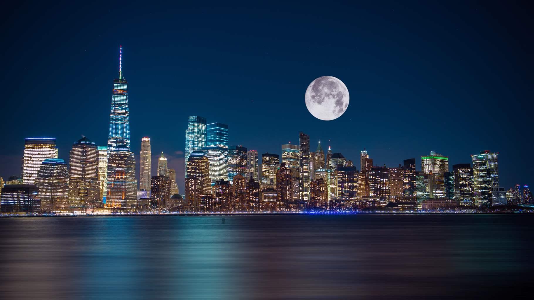 New York City Skyline and the Moon