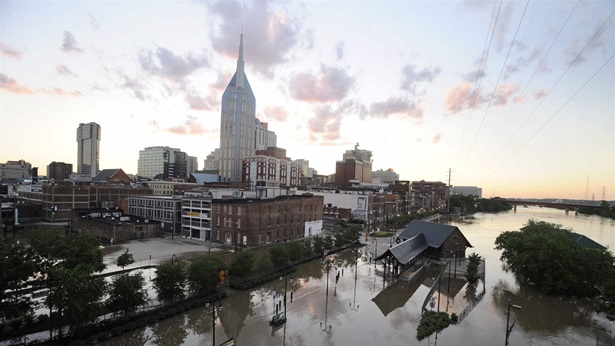 Buildings and city streets are still under floodwater as the sun sets on May 4, 2010 in Nashville, Tennessee. 