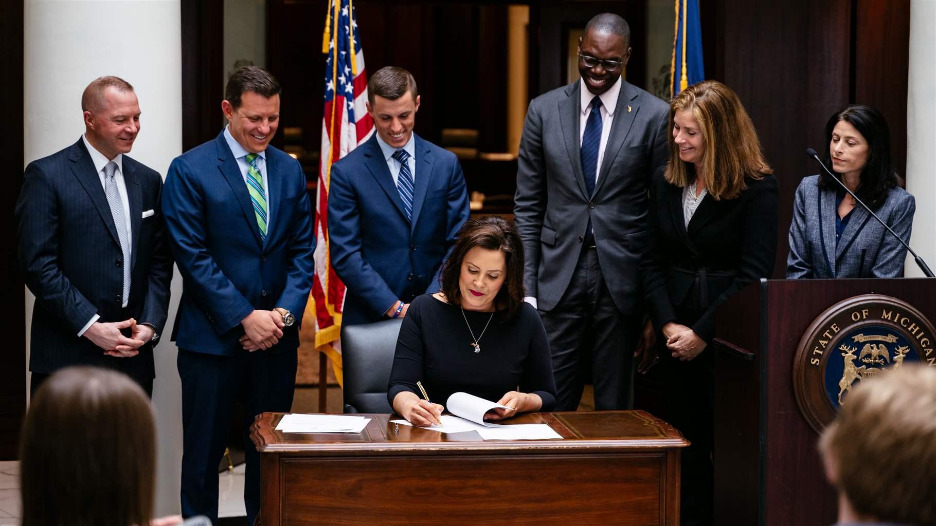 Michigan Governor Gretchen Whitmer (D) signs an executive order April 17, 2019, creating the Michigan Joint Task Force on Jail and Pretrial Incarceration.