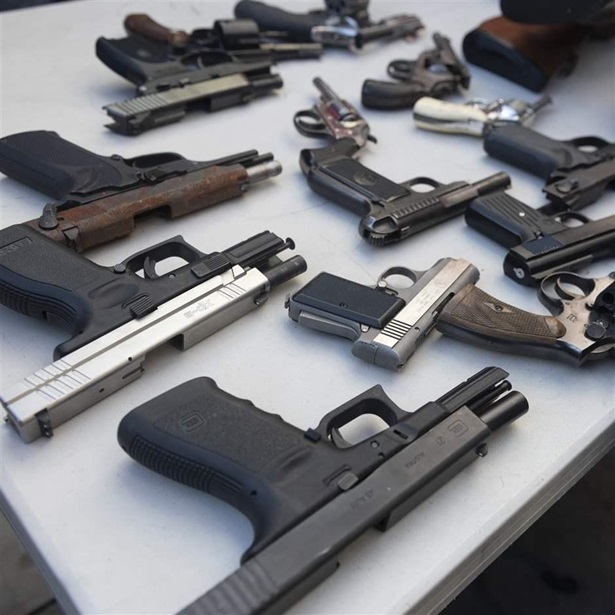 Pistols traded in by people during the annual gun buy-back event hosted by United Playaz are seen on a table in San Francisco, California, United States on December 14, 2019 Pistols traded in by people during the annual gun buy-back event hosted by United Playaz are seen on a table in San Francisco, California, United States on December 14, 2019
